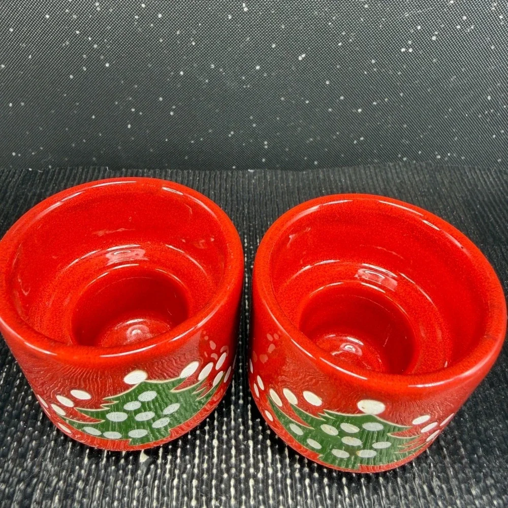 Waechtersbach Christmas Tree Red Ceramic Cups Candle Holder Votive Set of 2 VTG